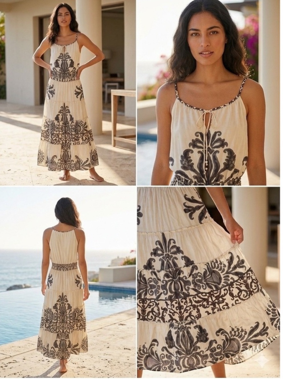 Luxury Boho Silk Damask Geometric Tiered Resort Maxi Dress Hale Bob NWT XS